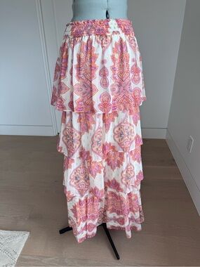 Tiered White, Coral and Pink Paisley Maxi Skirt